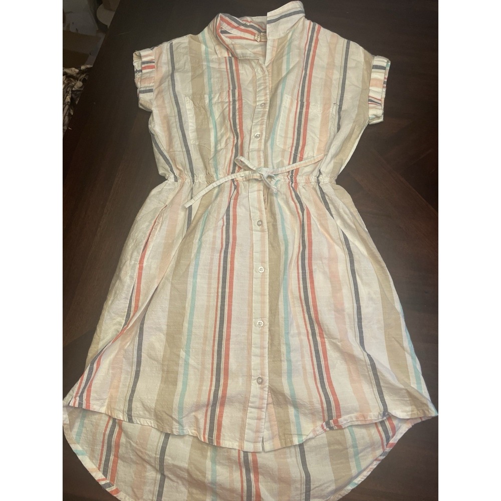 Japna Womens Multicolor Striped Button Down Drawstring Waist Shirt Dress Small